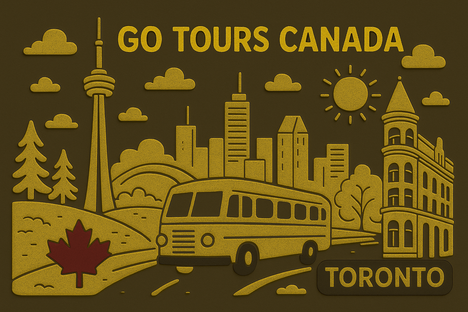 Go Tours Canada - Bus Tour Groups Toronto Toronto bus tour illustration featuring CN Tower, downtown skyline, and tour bus - Go Tours Canada expert guide services