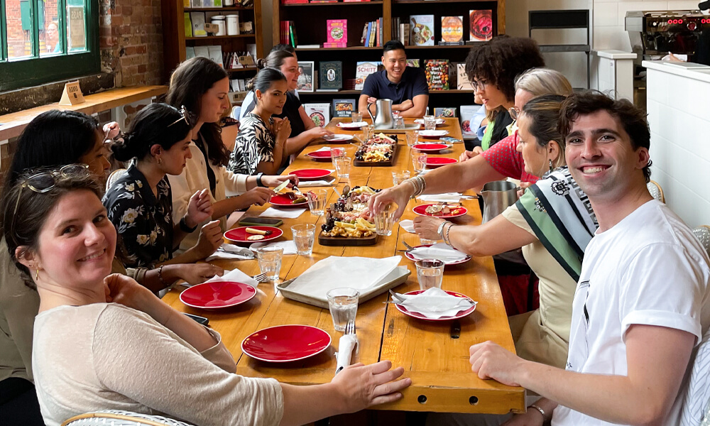 A group tasting artisan products with a guide in the Distillery District