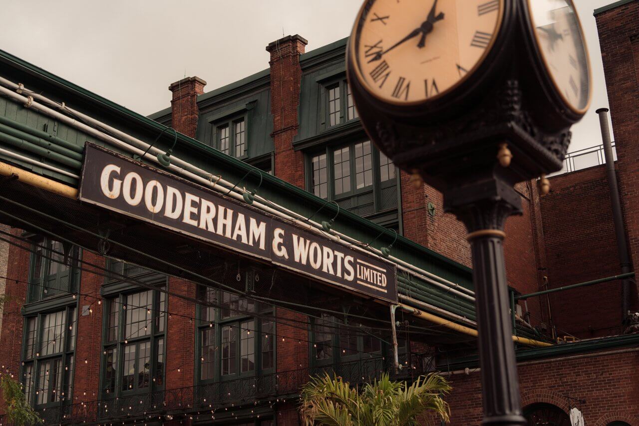 Red brick lanes and Victorian warehouses in Toronto's Distillery District